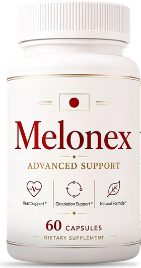 A white Melonex bottle of 60 capsules: Melonex in deep red serif letters, Advanced Support, three small icons and 60 capsules