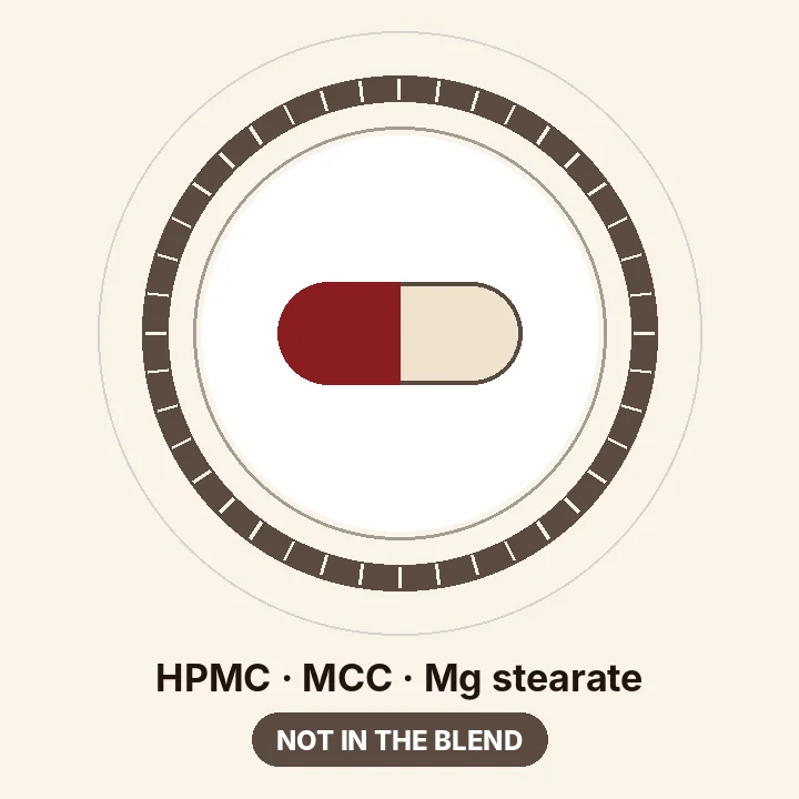 Illustrated plate of a two-tone capsule with the words HPMC capsule, cellulose and magnesium stearate