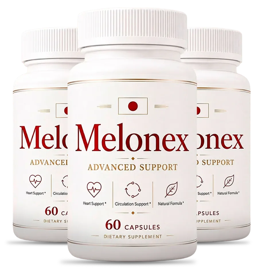 3 white Melonex capsule bottles with cream labels and the red Melonex name