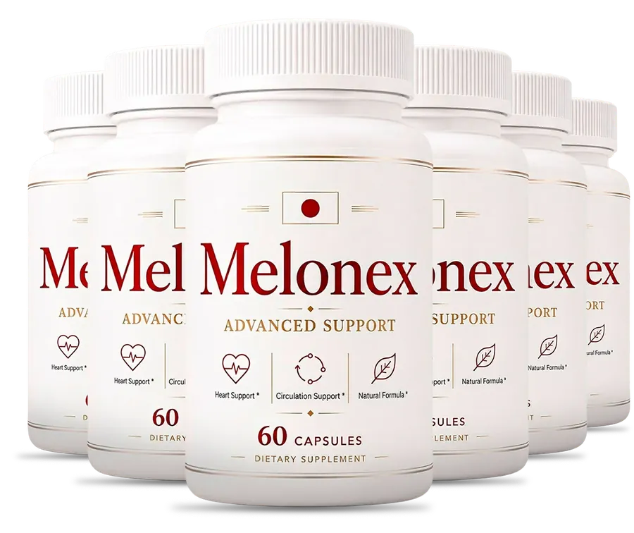 6 white Melonex capsule bottles with cream labels and the red Melonex name