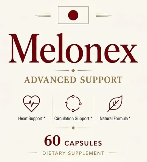 The center of the Melonex label: the red Melonex name, a framed red dot between gold rules, Advanced Support, three icons and 60 capsules