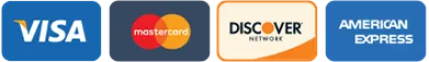 Payment logos on dark tiles: Visa, Mastercard, Discover and American Express